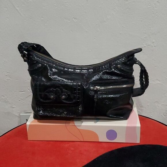 Black Brighton Shoulder Bag with Croc Embellishments - Picture 1 of 16